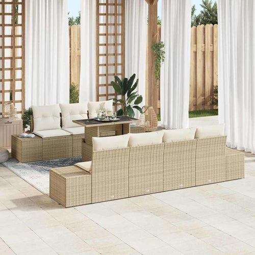 Garden Sofa Set with Cushions 8-Piece Beige and Cream Polyrattan Lounge Furniture for Garden Patio Balcony Weatherproof and Waterproof with Height-Adjustable Table and Cosy Cushions