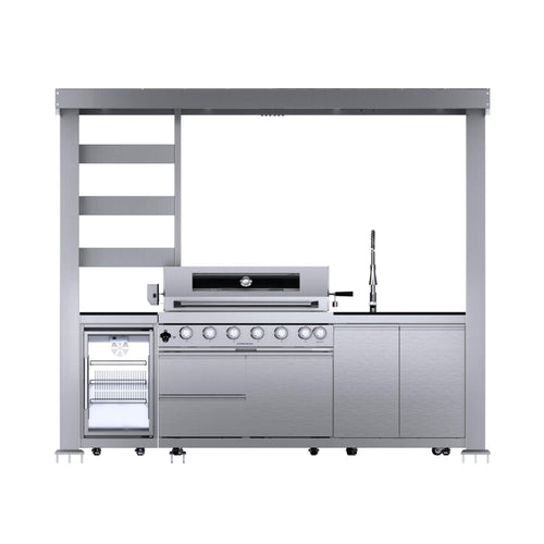 Castelle Flame Blaze 108-Inch 6-Burner 85K BTU Deluxe Stainless Steel Liquid Propane Outdoor Kitchen Grill Island with Wine Cooler, Rotisserie, Cabinets, and Granite Countertops