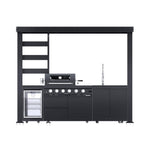 Castelle Flame Imperial 110-Inch 4-Burner 72K BTU Deluxe Stainless Steel Outdoor Kitchen Grill Island with Wine Cooler, Rotisserie, Cabinets, and Granite Countertops