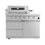 Castelle Flame Imperial 110-Inch 4-Burner 72K BTU Deluxe Stainless Steel Outdoor Kitchen Grill Island with Wine Cooler, Rotisserie, Cabinets, and Granite Countertops