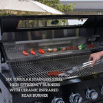 Castelle Flame 43-Inch 6-Burner 85K BTU Stainless Steel Outdoor BBQ Kitchen Island Grill with Wine Cooler, Rotisserie, and Sink