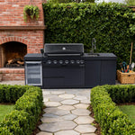 Castelle Flame 43-Inch 6-Burner 85K BTU Stainless Steel Outdoor BBQ Kitchen Island Grill with Wine Cooler, Rotisserie, and Sink