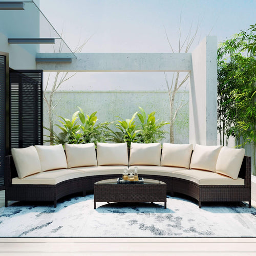 Alora Premium 5-Piece All-Weather Half-Moon Outdoor Rattan Wicker Patio Sectional Sofa Furniture Set With Tempered Glass Table