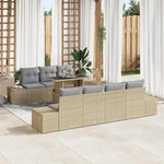 Garden Sofa Set with Cushions 8-Piece Beige and Cream Polyrattan Lounge Furniture for Garden Patio Balcony Weatherproof and Waterproof with Height-Adjustable Table and Cosy Cushions