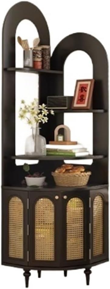 Bookshelf French Corner Shelf, Vintage Solid Wood Triangular Fan-shaped Bookshelf, Living Room Storage Cabinet Bookcases(Black)