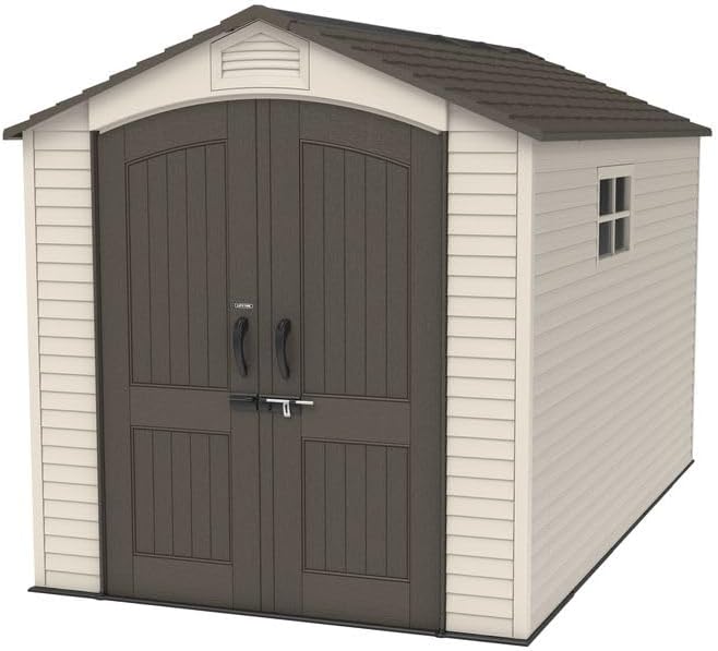 Lifetime 60282 Heavy Duty Garden Storage Shed, 7 x 12 ft (213 x 366 cm), High-Density Polyethylene (HDPE), Steel-Reinforced Apex Roof, Tan