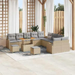 Garden Sofa Set 13 Pieces with Cushions in Beige and Cream, Polyrattan and Acacia Wood, Weatherproof Lounge Furniture for Patio and Balcony, with Storage Space and Comfortable Padding