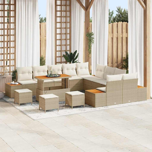 Garden Sofa Set with Cushions and Storage Space 14-Piece Beige Poly Rattan Weatherproof Outdoor Lounge Furniture for Garden Patio Balcony with Removable Cushions and Lightweight Aluminium