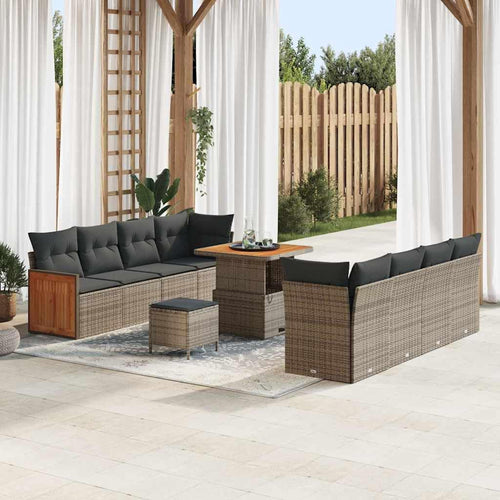 Garden Sofa Set 11 Pieces Grey Poly Rattan with Removable Cushions Weatherproof Lounge Outdoor Furniture for Garden Balcony Patio Modular Includes Table and Stool, Comfortable and Durable