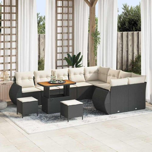 Garden Sofa Set 12 Pieces with Cushions Black Cream Polyrattan Weatherproof Lounge Furniture for Patio Balcony Modular Outdoor Two Seater with Storage Space and Table, Cosy and Space Saving