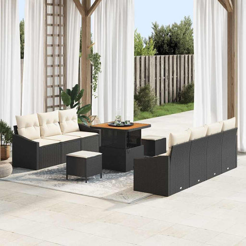 Garden Sofa Set 10-Piece Black Cream Poly Rattan with Cushions, Weatherproof Lounge Furniture for Balcony, Patio and Conservatory, Modular, Space-Saving, Cosy