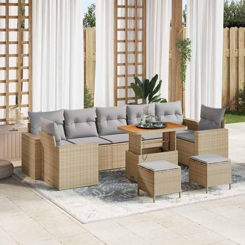 Garden Sofa Set 10 Pieces Beige and Light Grey Cushion Poly Rattan Furniture for Garden Patio Balcony Weatherproof Modular Comfortable Includes Table and Stool Durable