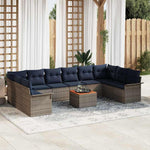 Garden Sofa Set 11-Piece Grey Navy Blue Poly Rattan Weatherproof with Cushions and Cushions for Garden Balcony Patio Outdoor Lounge Corner Couch Seating Furniture with Storage Space and Garden