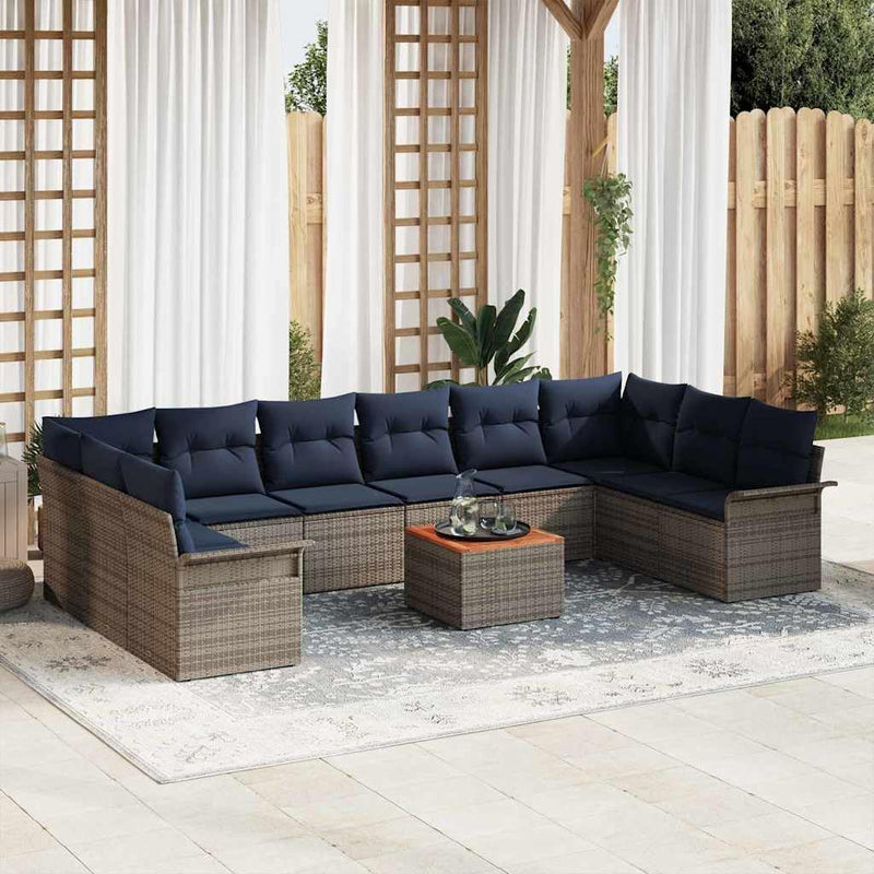 Garden Sofa Set 11-Piece Grey Navy Blue Poly Rattan Weatherproof with Cushions and Cushions for Garden Balcony Patio Outdoor Lounge Corner Couch Seating Furniture with Storage Space and Garden