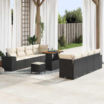 Garden Sofa Set with Cushions, 11 Pieces, Poly Rattan Black Cream, Weatherproof Lounge Furniture for Garden, Balcony, Patio, Modular with Wooden Table, Comfortable and Durable