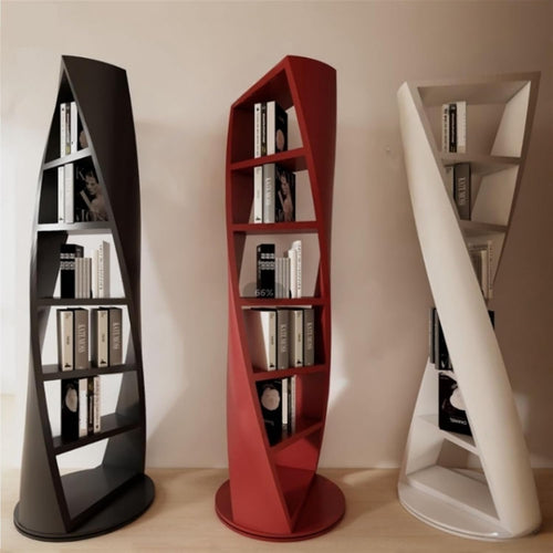 Bookshelf Lacquered Bookcase, Solid Wood Rotating Bookcase, Circular Shelving, Modern Simple Special-shaped Decorative Display Stand Bookcases(Red,L)