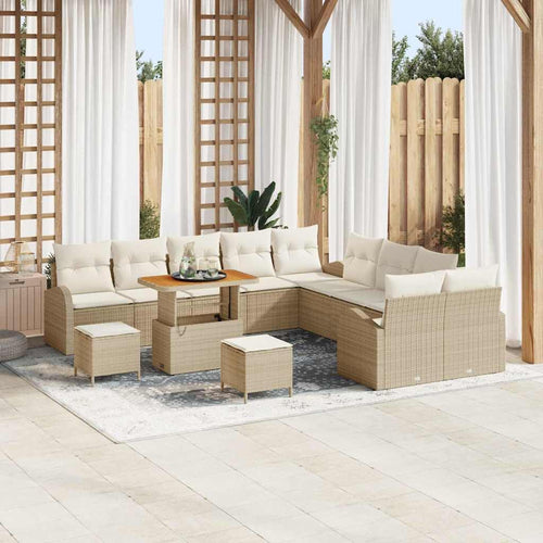 Garden Sofa Set 13 Pieces with Cushions in Beige and Cream, Polyrattan and Acacia Wood, Weatherproof Lounge Furniture for Patio and Balcony, with Storage Space and Comfortable Padding