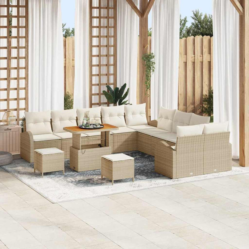 Garden Sofa Set 13 Pieces with Cushions in Beige and Cream, Polyrattan and Acacia Wood, Weatherproof Lounge Furniture for Patio and Balcony, with Storage Space and Comfortable Padding