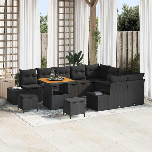 Garden Sofa Set with Cushions, 12-Piece Black Poly Rattan, Weatherproof, Outdoor Lounge Furniture for Garden, Balcony, Patio with Storage Space and Polyester Filling, Modular, Easy Care