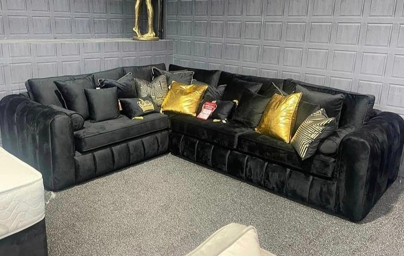 New Penal Lilly Black Plush Velvet 4 Seater Corner L-Shape Comfy Sofa