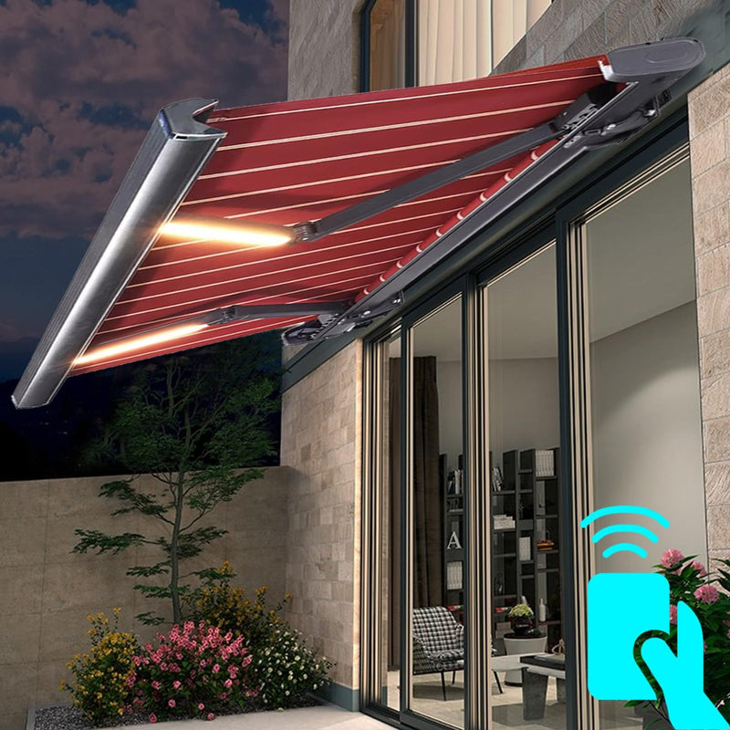 Motorized Patio Awning Retractable Electric with Remote Control LED Lights - UV Rain Protection Shade