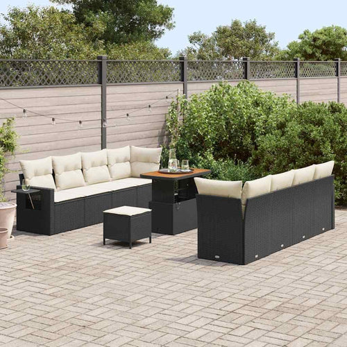 Garden Sofa Set with Cushions 11-Piece Black Cream Poly Rattan Weatherproof Modular for Garden Patio Balcony with Height-Adjustable Table and Storage Compartments Comfortable Lounge Furniture