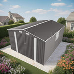 Outdoor Metal Storage Shed, 10x14 FT Galvanized Steel Garden Tool House with 796 Cu.Ft Capacity, Gray Double Door Utility Building with Windows, 7 LBS/SQ.FT Roof Load
