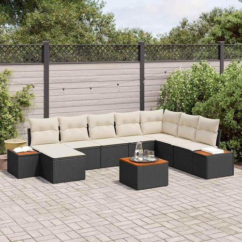 Garden Sofa Set 9-Piece Polyrattan with Cushions Black Cream Weatherproof Lounge Furniture for Garden Patio Balcony Modular with Storage Space and Garden Table Cosy and Easy to Clean