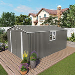 Outdoor Metal Storage Shed, 10x14 FT Galvanized Steel Garden Tool House with 796 Cu.Ft Capacity, Gray Double Door Utility Building with Windows, 7 LBS/SQ.FT Roof Load