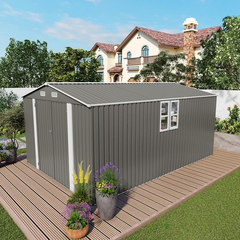 Outdoor Metal Storage Shed, 10x14 FT Galvanized Steel Garden Tool House with 796 Cu.Ft Capacity, Gray Double Door Utility Building with Windows, 7 LBS/SQ.FT Roof Load