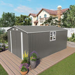 Outdoor Metal Storage Shed, 10x14 FT Galvanized Steel Garden Tool House with 796 Cu.Ft Capacity, Gray Double Door Utility Building with Windows, 7 LBS/SQ.FT Roof Load