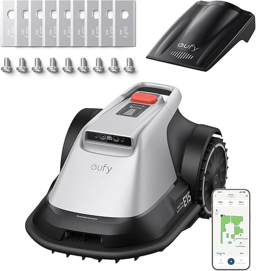 eufy Robot Lawnmower E15, Wire-Free with a Stable Signal, Hands-Free Auto Mapping, Accurate Obstacle Avoidance, Reliable Lawn Maintenance, 2-in-1 Mowing and Edge Trimming, 800 m² Coverage+Blade Set