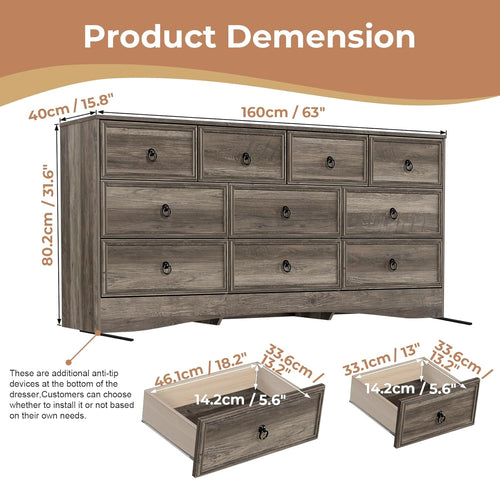 VVFLU Farmhouse 10 Drawer Dresser for Bedroom – 63'' Long Dresser Wood Chest of Drawers,TV Stand for 75 inch TV, Storage Organizer Furniture, Hallway, Entryway, Closet, Brownish Grey