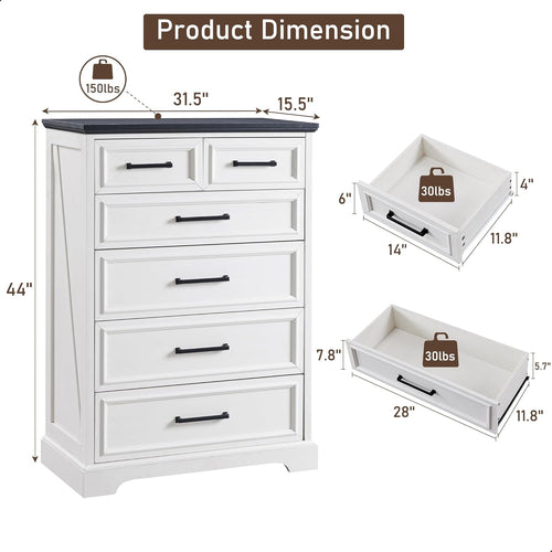 ACCOHOHO 6 Drawer Dresser, Farmhouse Chest of Drawers for Bedroom, 44" Tall Dresser with Large Metal Handles, Wood Drawer Organizer for Living Room, Hallway, Closet - White