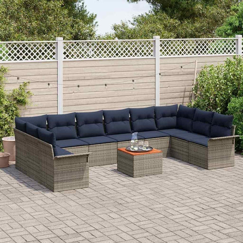 Garden Sofa Set 11-Piece Grey Navy Blue Poly Rattan Weatherproof with Cushions and Cushions for Garden Balcony Patio Outdoor Lounge Corner Couch Seating Furniture with Storage Space and Garden