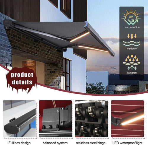 Electric Retractable Patio Awning with Remote Control, Automatic Outdoor Awnings with LED Lights, Waterproof Sunshade Shelter for Deck Door Window, 8.2X4.9ft