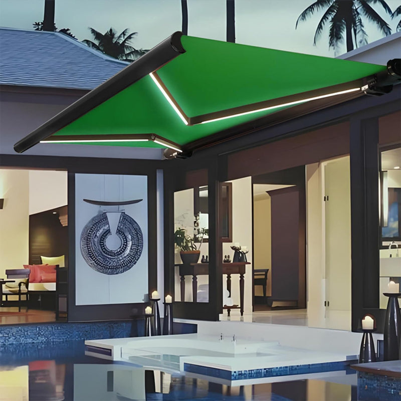 Motorized Retractable Patio Awning with LED Light, Full Box Design, Thickened Chain Arm, Aluminum Alloy Seat for Deck Yard