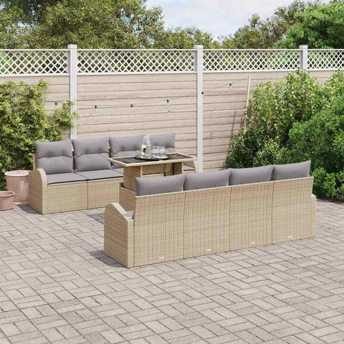 Garden Sofa Set 9 Pieces with Cushions and Storage Space Beige Poly Rattan Weatherproof Lounge Furniture for Garden Balcony Patio Comfortable Upholstery Outdoor