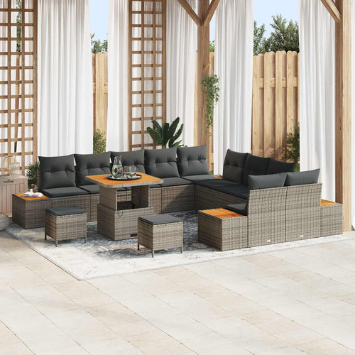Garden Sofa Set Grey with Cushions, 13 Pieces, Made of Poly Rattan and Powder-Coated Steel for Garden, Balcony, Patio, Weatherproof Lounge Furniture with Storage Function and Table