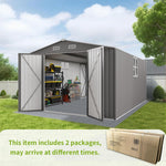Outdoor Metal Storage Shed, 10x14 FT Galvanized Steel Garden Tool House with 796 Cu.Ft Capacity, Gray Double Door Utility Building with Windows, 7 LBS/SQ.FT Roof Load