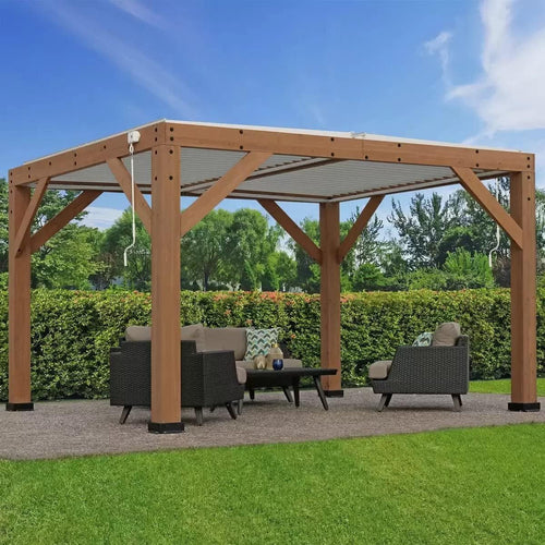 Yardistry 11ft x 13ft (3.4 x 4m) Wooden Louvered Pergola with Aluminium Roof 100% FSC certified premium wood