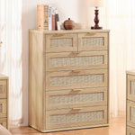 LEYAOYAO Rattan Dresser for Bedroom, 41" Tall Chest of Drawers, Modern 6 Drawers Boho Dressers with Storage, Light Oak Dresser Wooden Closet Organizer for Living Room, Hallway, Natural Wood