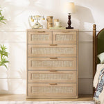 LEYAOYAO Rattan Dresser for Bedroom, 41" Tall Chest of Drawers, Modern 6 Drawers Boho Dressers with Storage, Light Oak Dresser Wooden Closet Organizer for Living Room, Hallway, Natural Wood