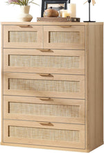 LEYAOYAO Rattan Dresser for Bedroom, 41" Tall Chest of Drawers, Modern 6 Drawers Boho Dressers with Storage, Light Oak Dresser Wooden Closet Organizer for Living Room, Hallway, Natural Wood