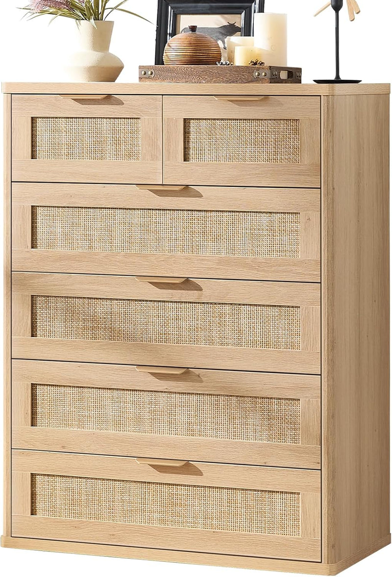 LEYAOYAO Rattan Dresser for Bedroom, 41" Tall Chest of Drawers, Modern 6 Drawers Boho Dressers with Storage, Light Oak Dresser Wooden Closet Organizer for Living Room, Hallway, Natural Wood
