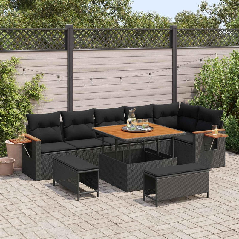 Garden Sofa Set with Cushions, 11 Pieces, Black Poly Rattan, Weatherproof Lounge Furniture for Garden, Patio and Balcony, Modular, Includes Padding, Wooden Frame, Comfortable and Durable