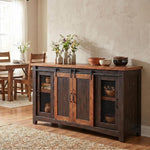 Martin Svensson Home 65" Solid Pine Wood Entertainment Center with Storage. Rustic TV Stand for TVs up to 70." Sliding Doors, Adjustable Shelves & Cable Management – Black and Honey Finish