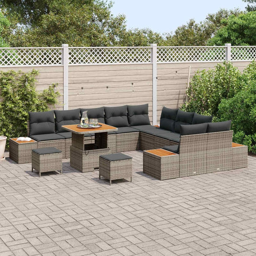 Garden Sofa Set Grey with Cushions, 13 Pieces, Made of Poly Rattan and Powder-Coated Steel for Garden, Balcony, Patio, Weatherproof Lounge Furniture with Storage Function and Table