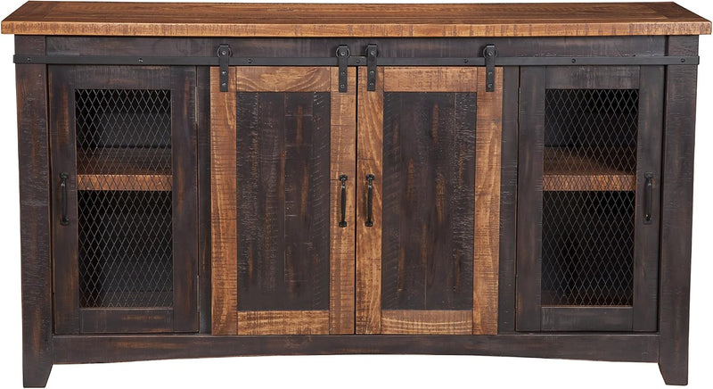 Martin Svensson Home 65" Solid Pine Wood Entertainment Center with Storage. Rustic TV Stand for TVs up to 70." Sliding Doors, Adjustable Shelves & Cable Management – Black and Honey Finish