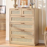 LEYAOYAO Rattan Dresser for Bedroom, 41" Tall Chest of Drawers, Modern 6 Drawers Boho Dressers with Storage, Light Oak Dresser Wooden Closet Organizer for Living Room, Hallway, Natural Wood